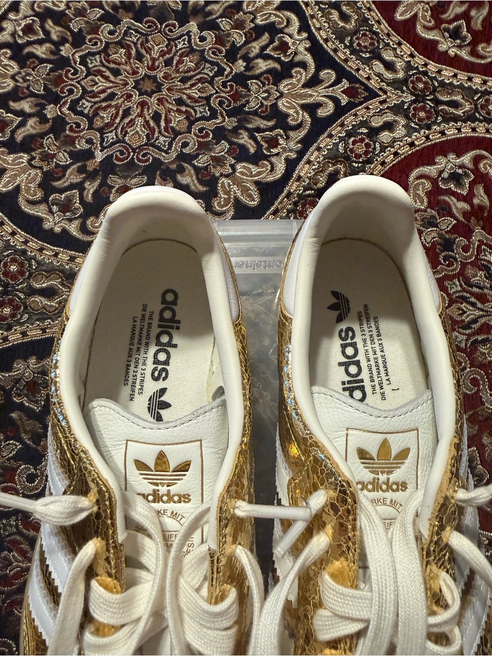 adidas Metallic Gold Classic Sneakers with White Stripes - Picture 4 of 4